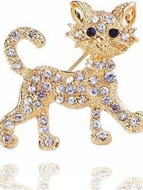 Cat Brooch Pin Rhinestone w Gold Sparkle Crystal Brooch Cute Clothing Hat